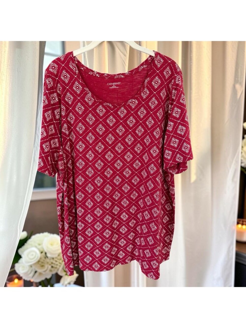 Catherines Burgundy/White Short Sleeve Top-Size 1X
